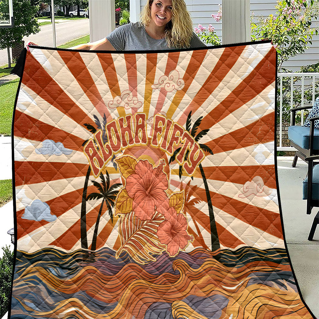 Aloha Nifty 50th Birthday Hawaii Quilt Vintage Retro Sunburst Tropical Palm Tree Surfboard Art TS04 Orange Beige - Polynesian Pride