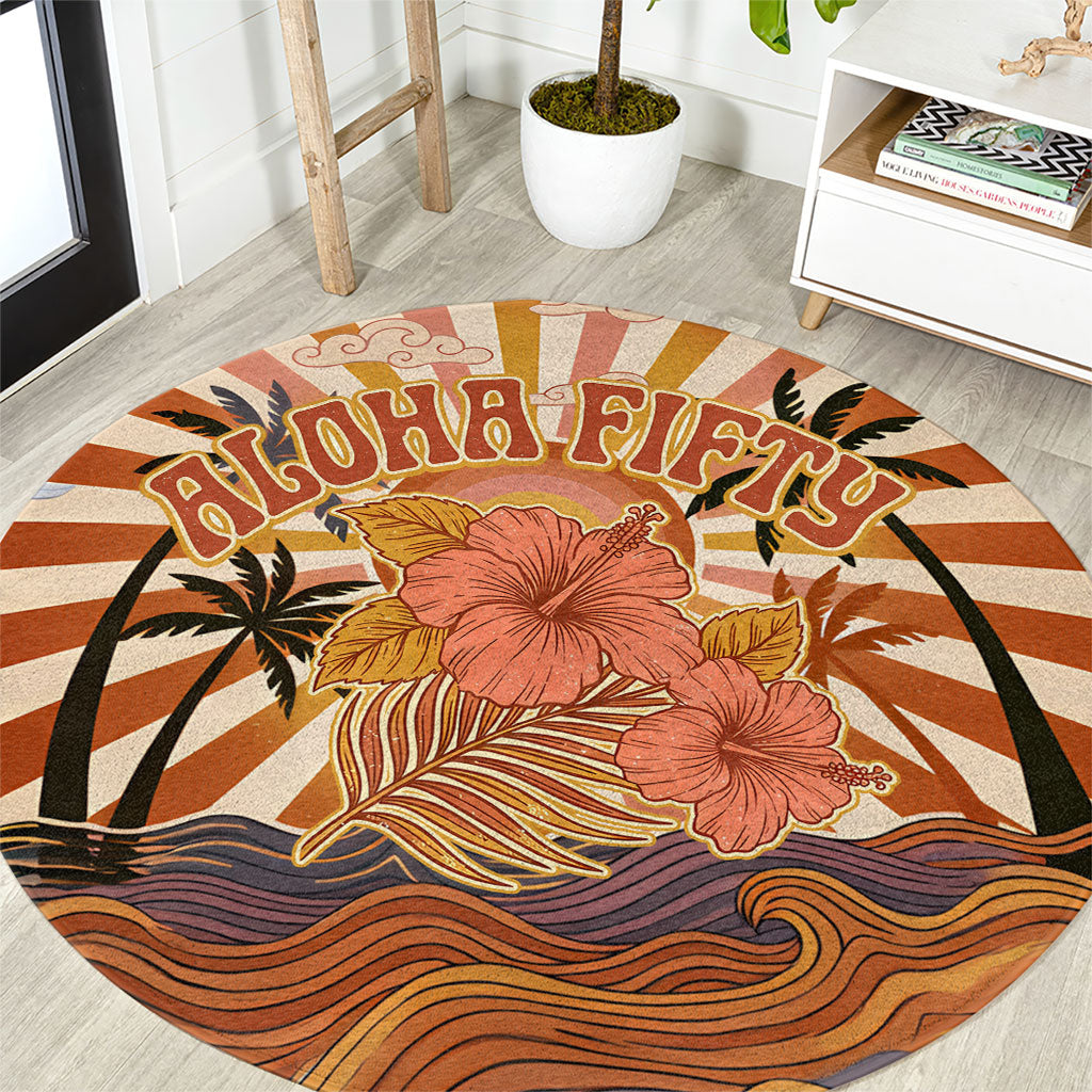 Aloha Nifty 50th Birthday Hawaii Round Carpet Vintage Retro Sunburst Tropical Palm Tree Surfboard Art TS04 Orange Beige - Polynesian Pride