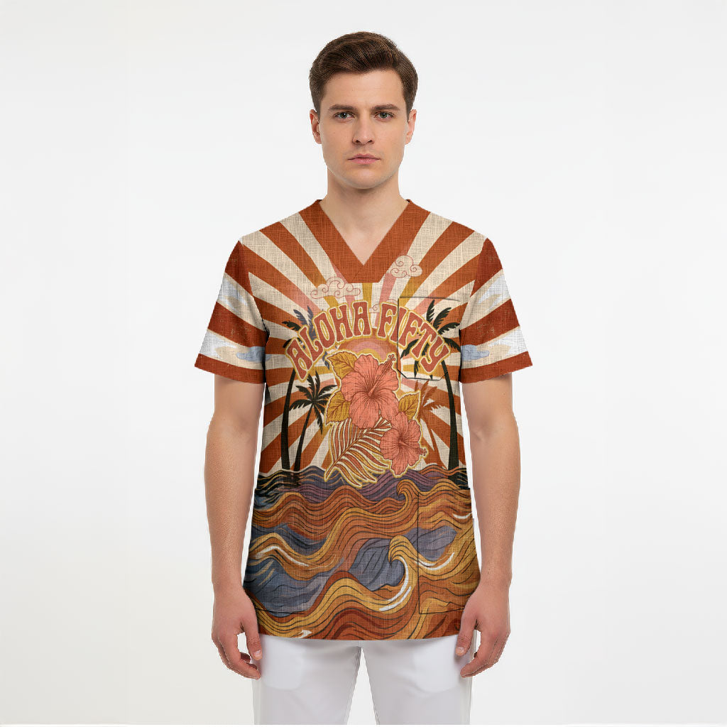 Aloha Nifty 50th Birthday Hawaii Scrub Top Vintage Retro Sunburst Tropical Palm Tree Surfboard Art TS04 - Polynesian Pride