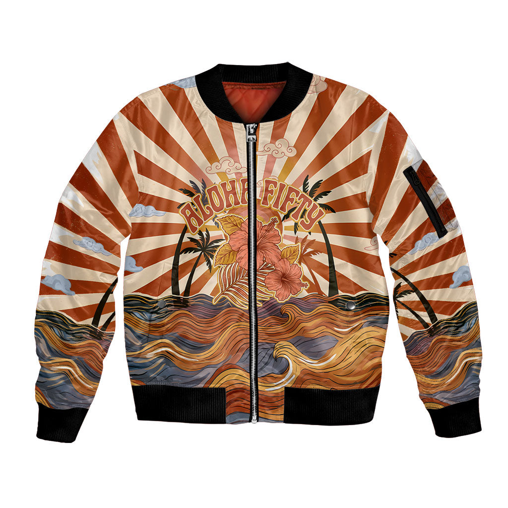 Aloha Nifty 50th Birthday Hawaii Sleeve Zip Bomber Jacket Vintage Retro Sunburst Tropical Palm Tree Surfboard Art TS04 Unisex Orange Beige - Polynesian Pride