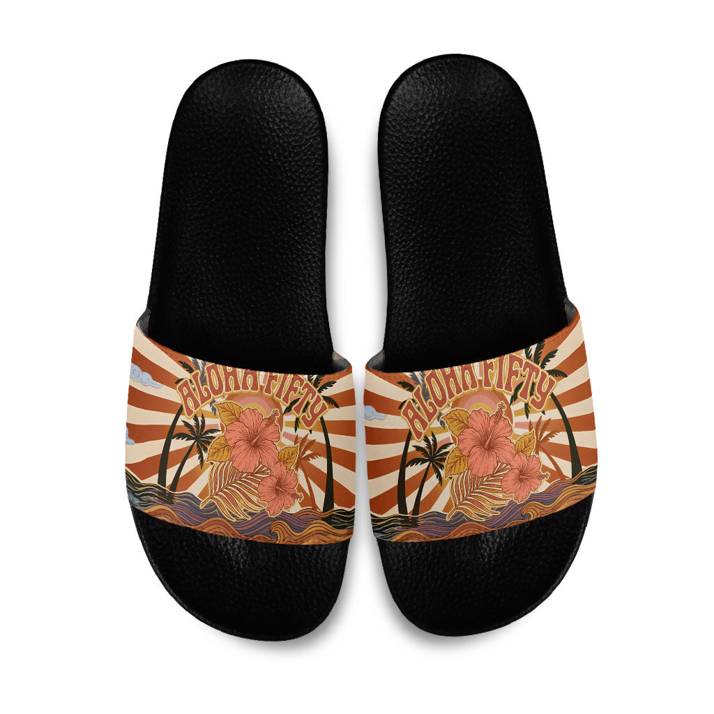 Aloha Nifty 50th Birthday Hawaii Slide Sandals Vintage Retro Sunburst Tropical Palm Tree Surfboard Art TS04 Orange Beige - Polynesian Pride
