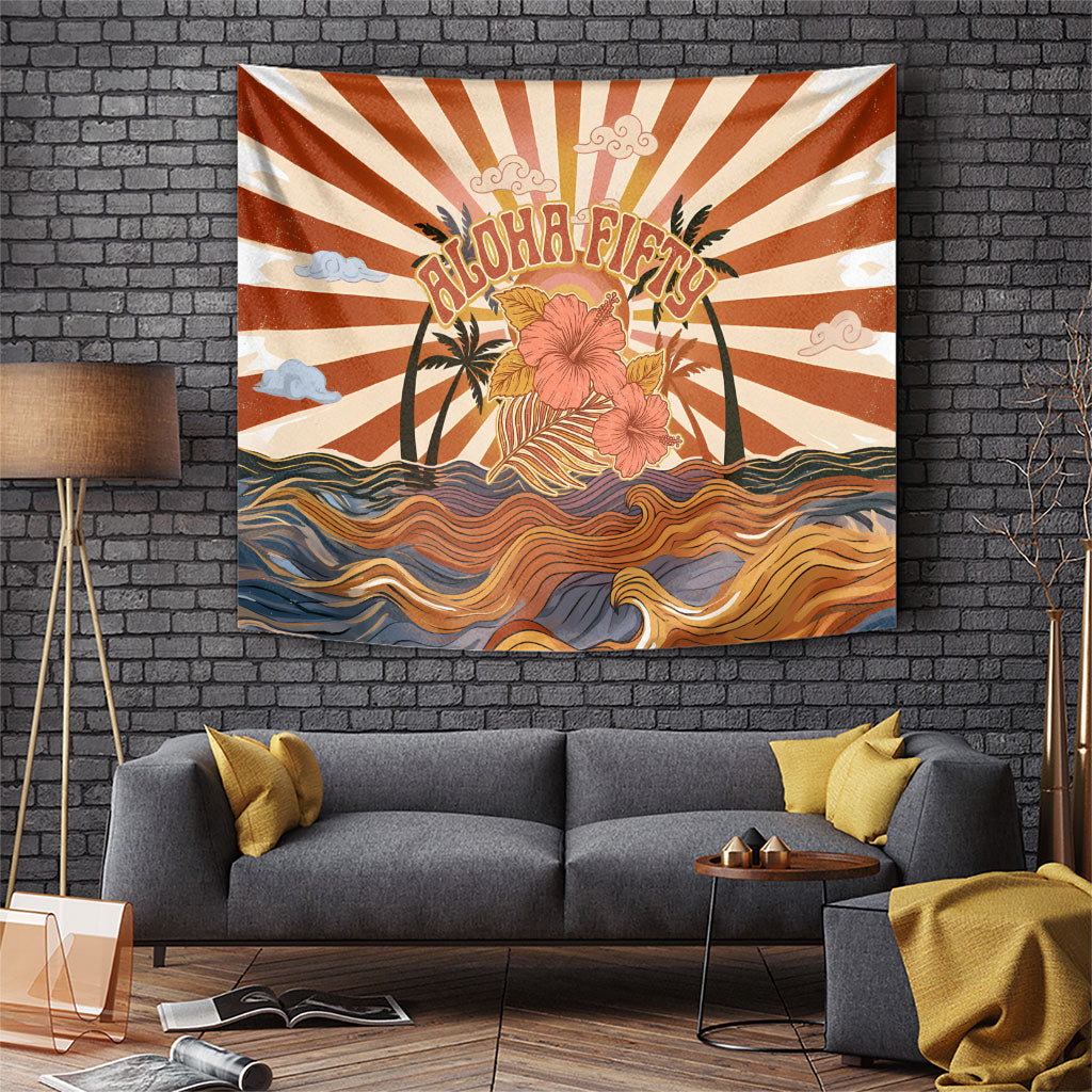 Aloha Nifty 50th Birthday Hawaii Tapestry Vintage Retro Sunburst Tropical Palm Tree Surfboard Art TS04 Orange Beige - Polynesian Pride