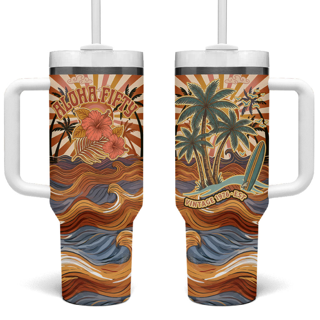 Aloha Nifty 50th Birthday Hawaii Tumbler With Handle Vintage Retro Sunburst Tropical Palm Tree Surfboard Art TS04 One Size: 40 oz Orange Beige - Polynesian Pride