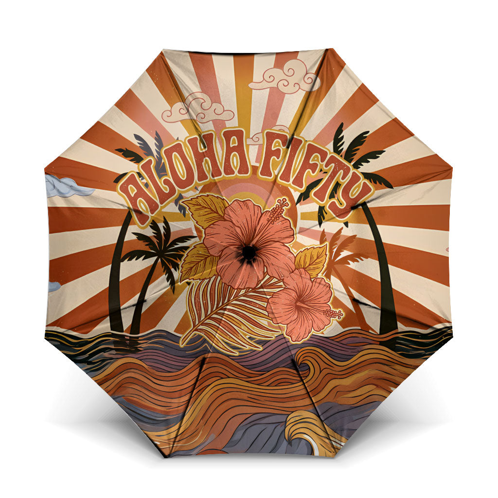 Aloha Nifty 50th Birthday Hawaii Umbrella Vintage Retro Sunburst Tropical Palm Tree Surfboard Art TS04 One Size Folded 11.42 inch Opened Diameter 37.4 inch Orange Beige - Polynesian Pride