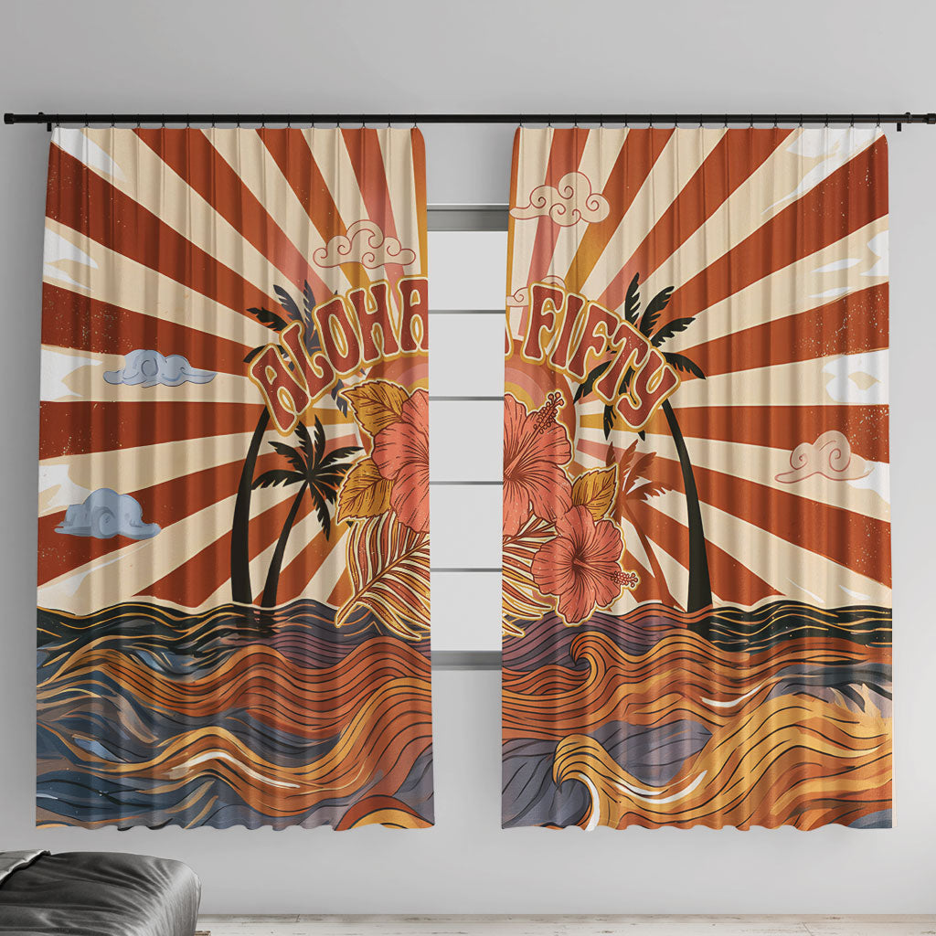 Aloha Nifty 50th Birthday Hawaii Window Curtain Vintage Retro Sunburst Tropical Palm Tree Surfboard Art TS04 With Hooks Orange Beige - Polynesian Pride