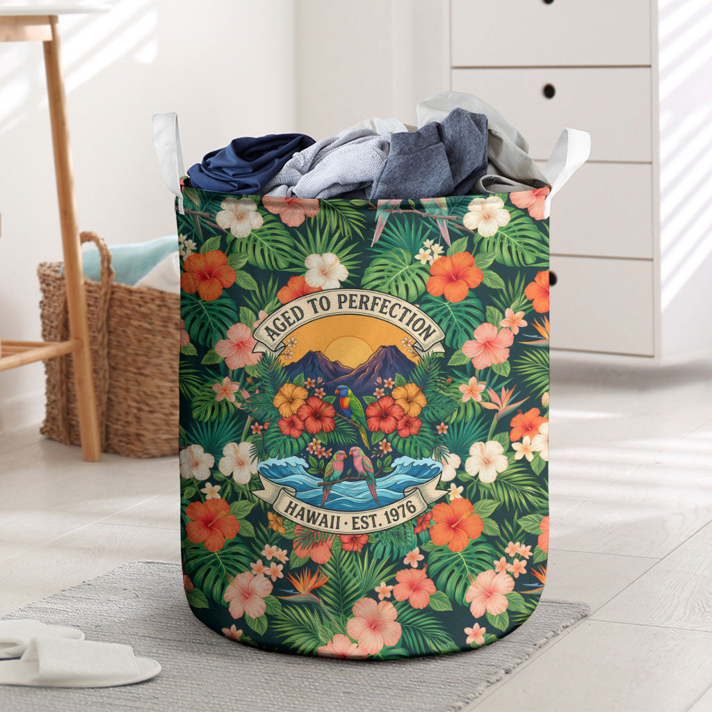 Hawaii 50th Birthday Laundry Basket Tropical Vintage Floral Hibiscus Parrot Island Sunset Art TS04 Green Pink - Polynesian Pride