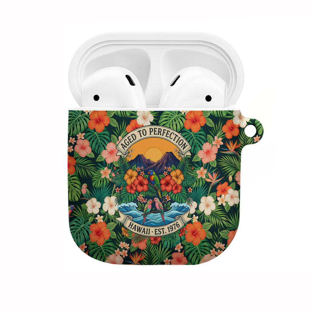 Hawaii 50th Birthday AirPods Case Tropical Vintage Floral Hibiscus Parrot Island Sunset Art TS04 Green Pink - Polynesian Pride