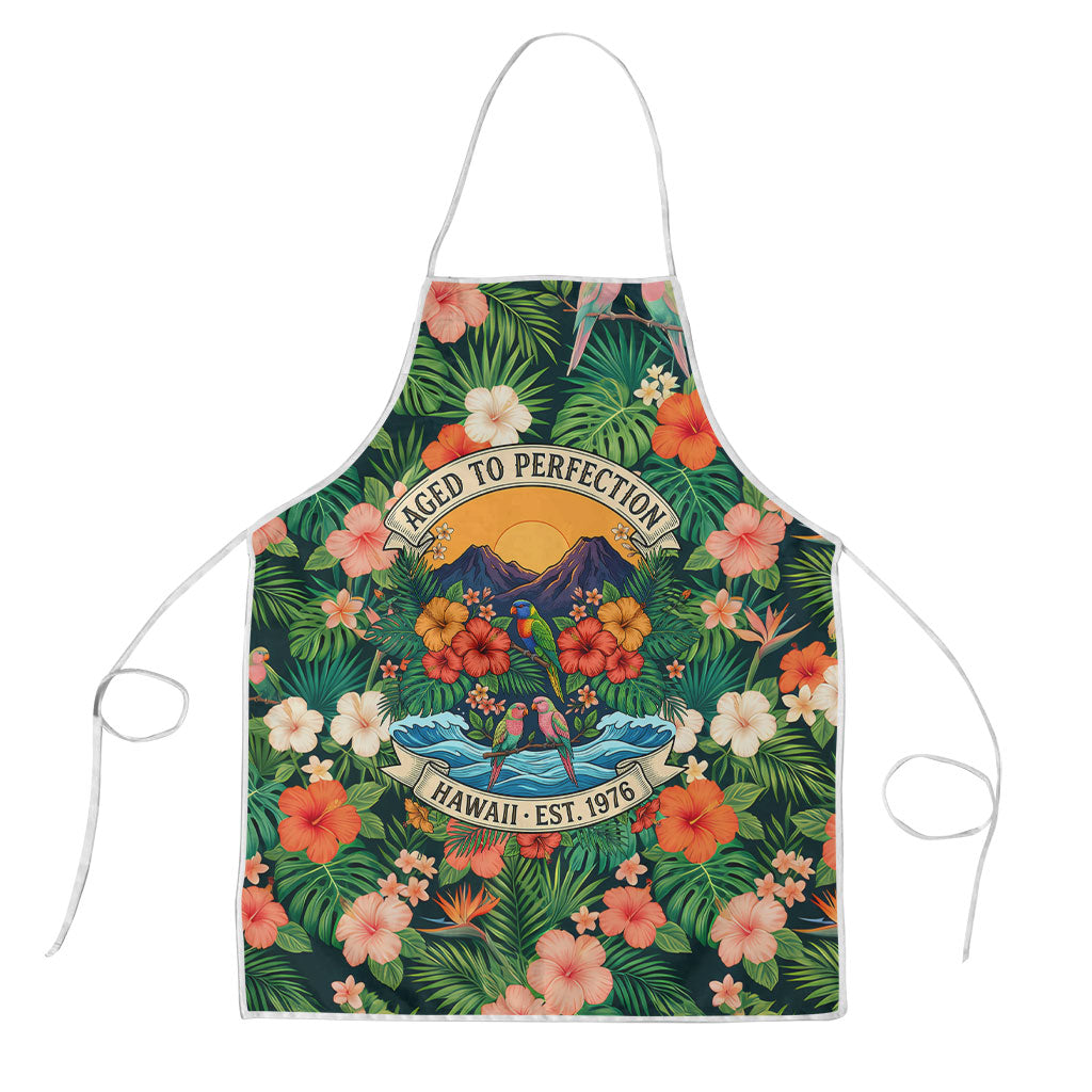 Hawaii 50th Birthday Apron Tropical Vintage Floral Hibiscus Parrot Island Sunset Art TS04 Green Pink - Polynesian Pride