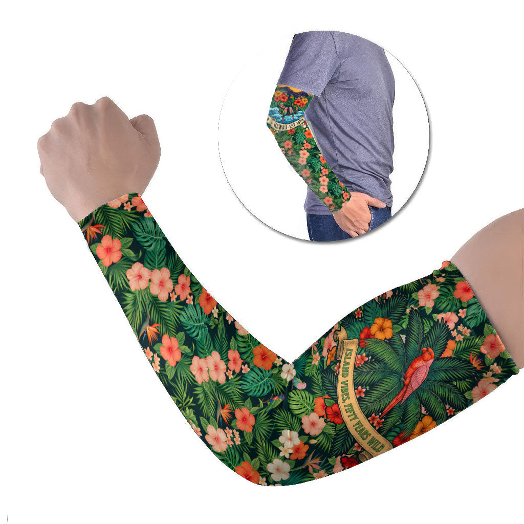 Hawaii 50th Birthday Arm Sleeves Tropical Vintage Floral Hibiscus Parrot Island Sunset Art TS04 Set of 2 Green Pink - Polynesian Pride
