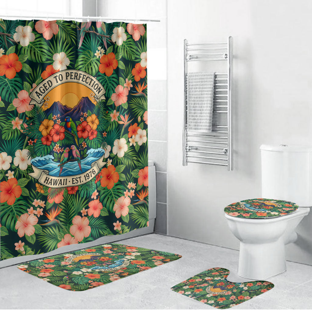 Hawaii 50th Birthday Bathroom Set Tropical Vintage Floral Hibiscus Parrot Island Sunset Art TS04 Bathroom Set (4 pcs) Green Pink - Polynesian Pride