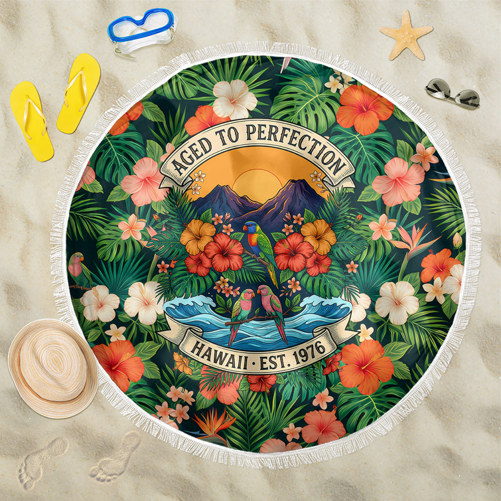 Hawaii 50th Birthday Beach Blanket Tropical Vintage Floral Hibiscus Parrot Island Sunset Art TS04 One Size 150cm Green Pink - Polynesian Pride