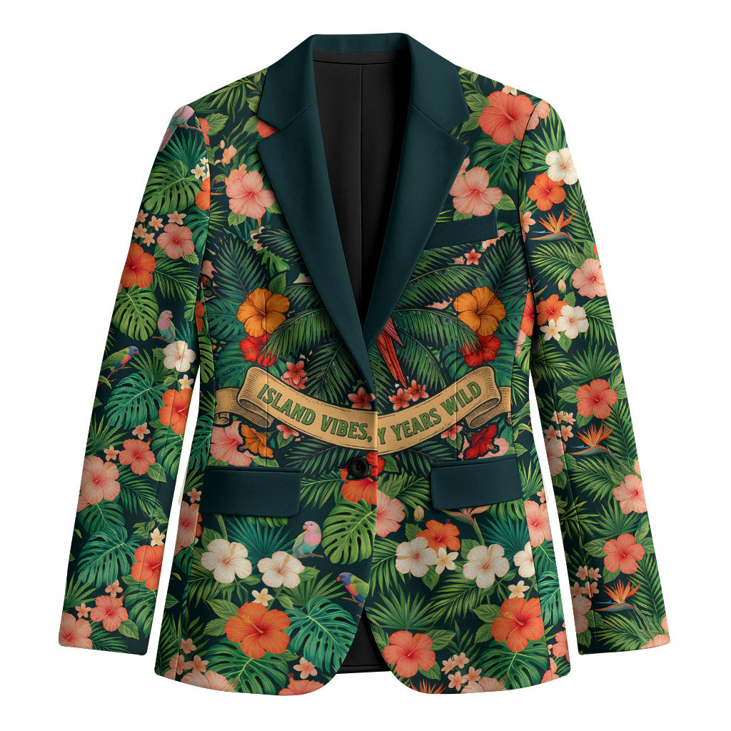 Hawaii 50th Birthday Blazer Tropical Vintage Floral Hibiscus Parrot Island Sunset Art TS04 Unisex Green Pink - Polynesian Pride