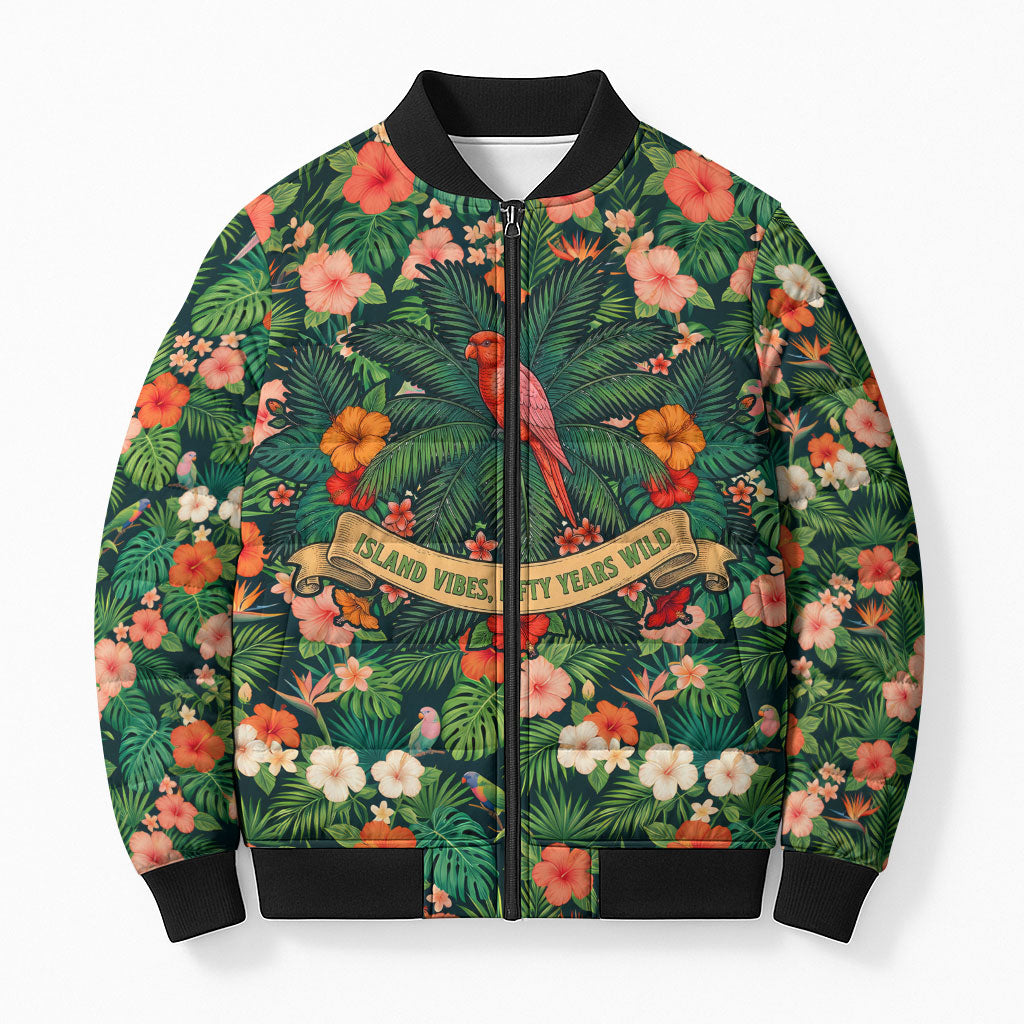 Hawaii 50th Birthday Bomber Puffer Jacket Tropical Vintage Floral Hibiscus Parrot Island Sunset Art TS04 Unisex Green Pink - Polynesian Pride
