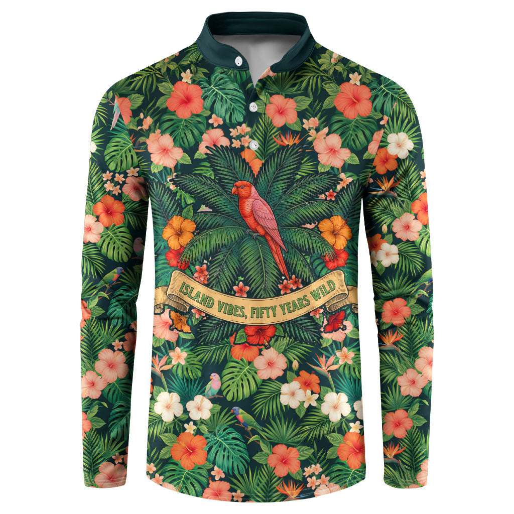 Hawaii 50th Birthday Button Sweatshirt Tropical Vintage Floral Hibiscus Parrot Island Sunset Art TS04 Green Pink - Polynesian Pride