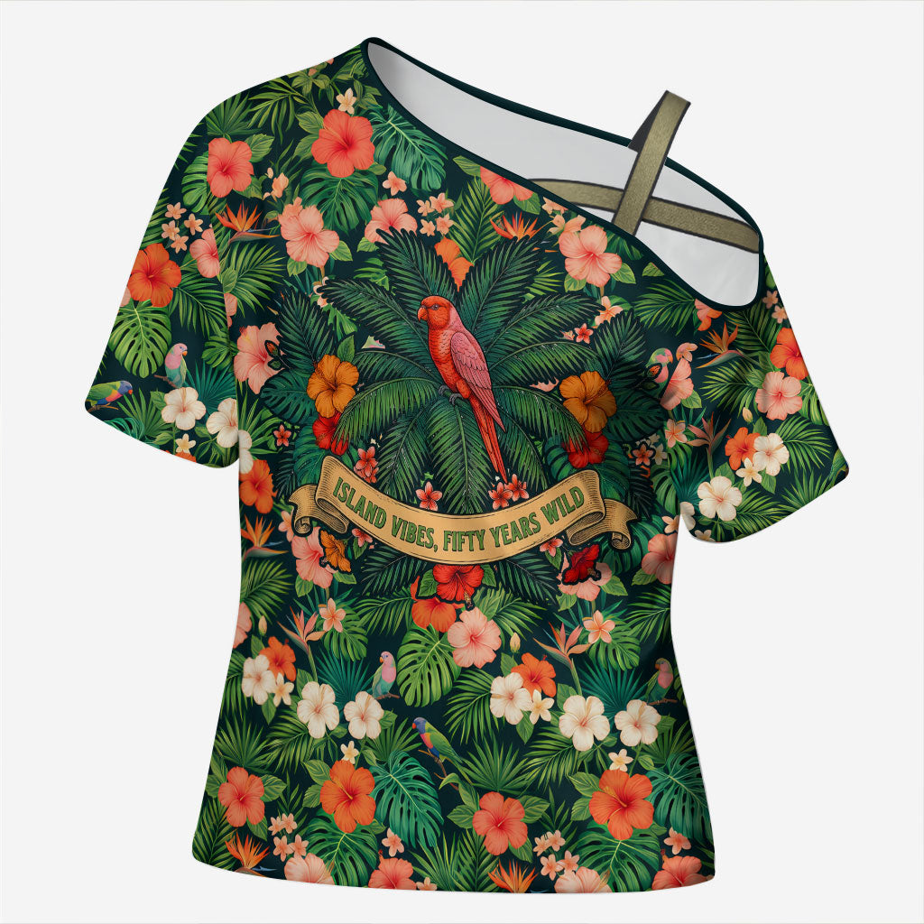 Hawaii 50th Birthday Cross Shoulder Shirt Tropical Vintage Floral Hibiscus Parrot Island Sunset Art TS04 Female Green Pink - Polynesian Pride