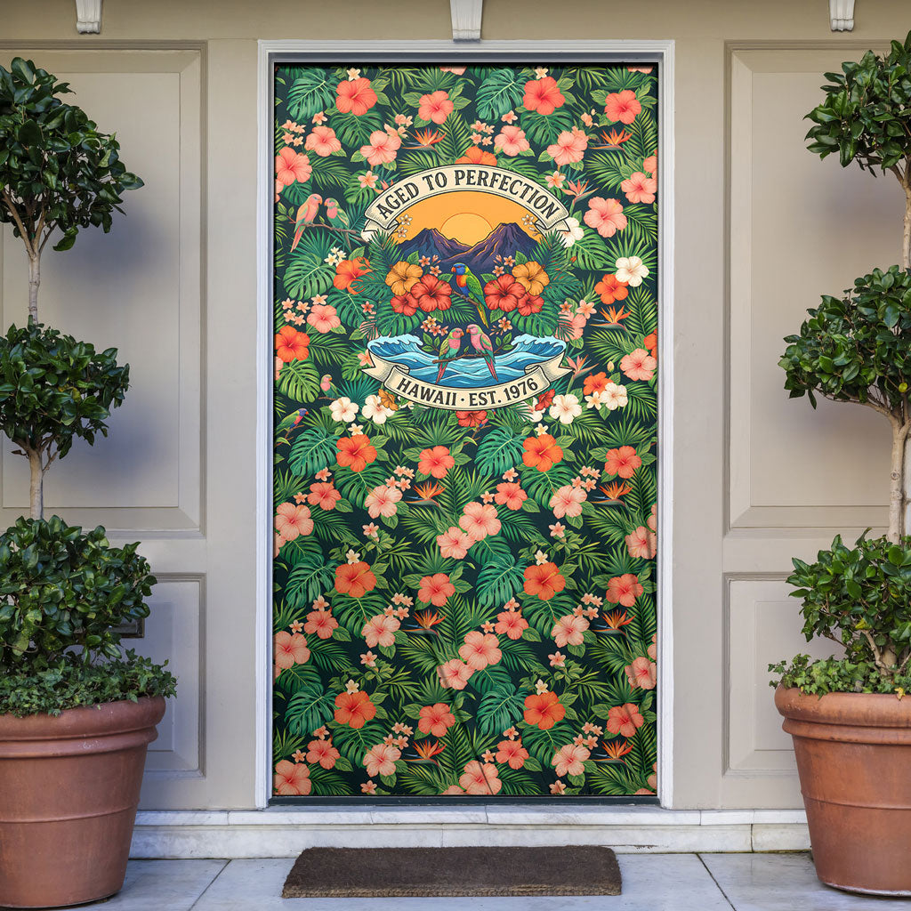 Hawaii 50th Birthday Door Cover Tropical Vintage Floral Hibiscus Parrot Island Sunset Art TS04 Green Pink - Polynesian Pride