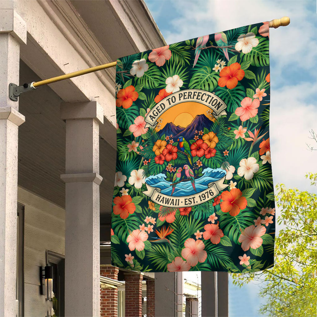 Hawaii 50th Birthday Garden Flag Tropical Vintage Floral Hibiscus Parrot Island Sunset Art TS04 House Flag Green Pink - Polynesian Pride