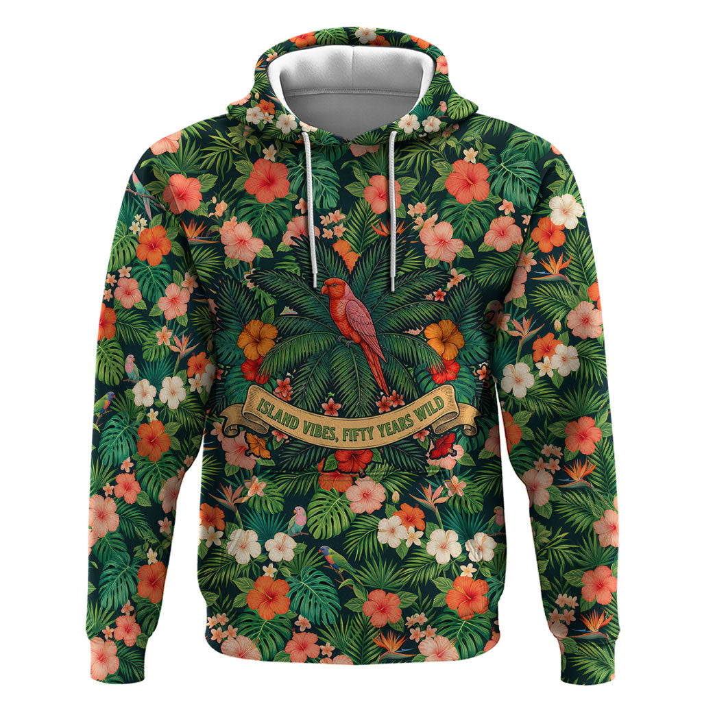 Hawaii 50th Birthday Hoodie Tropical Vintage Floral Hibiscus Parrot Island Sunset Art TS04 Pullover Hoodie Green Pink - Polynesian Pride