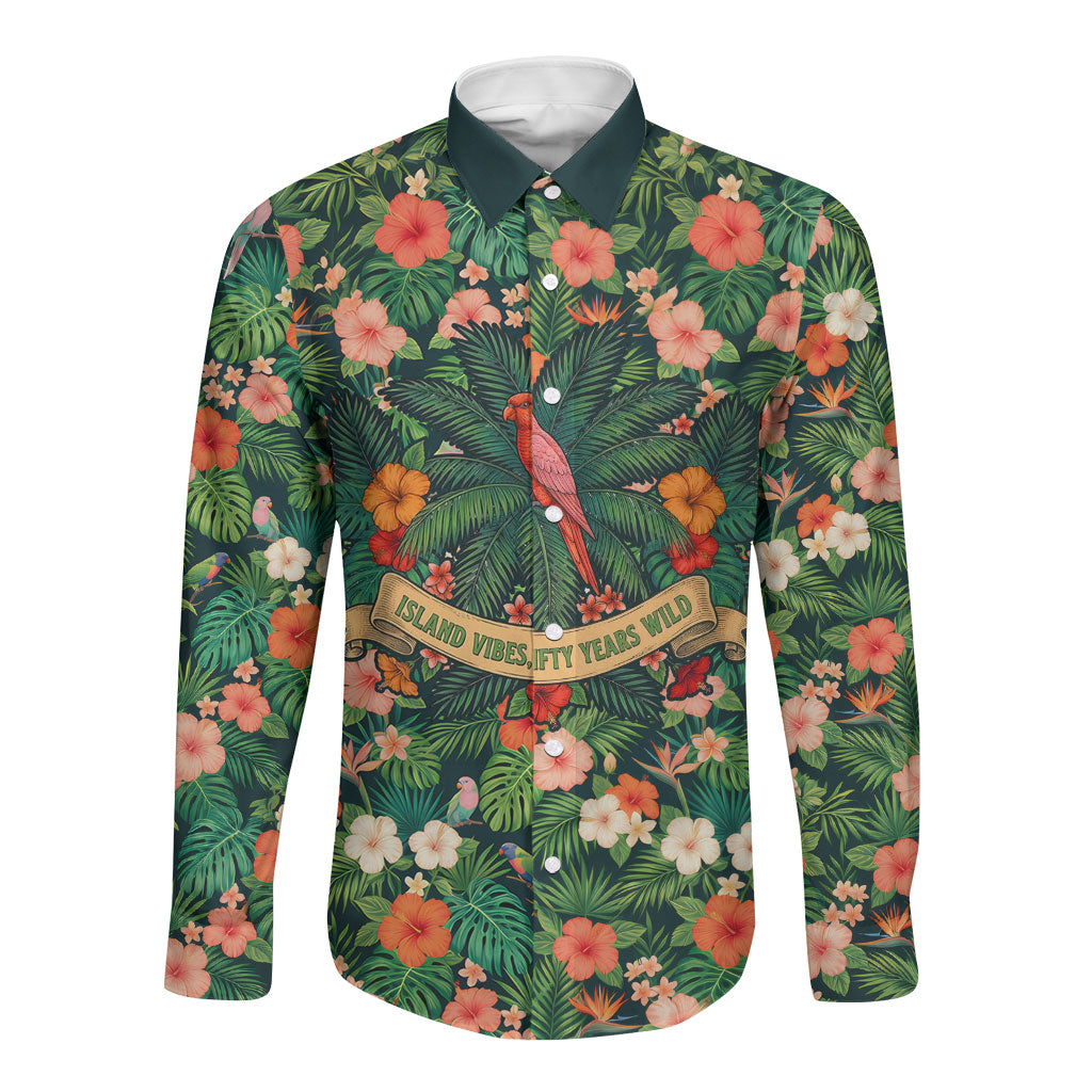 Hawaii 50th Birthday Long Sleeve Button Shirt Tropical Vintage Floral Hibiscus Parrot Island Sunset Art TS04 Unisex Green Pink - Polynesian Pride