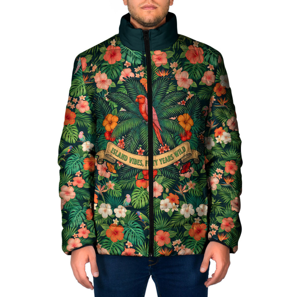Hawaii 50th Birthday Padded Jacket Tropical Vintage Floral Hibiscus Parrot Island Sunset Art TS04 Men Green Pink - Polynesian Pride