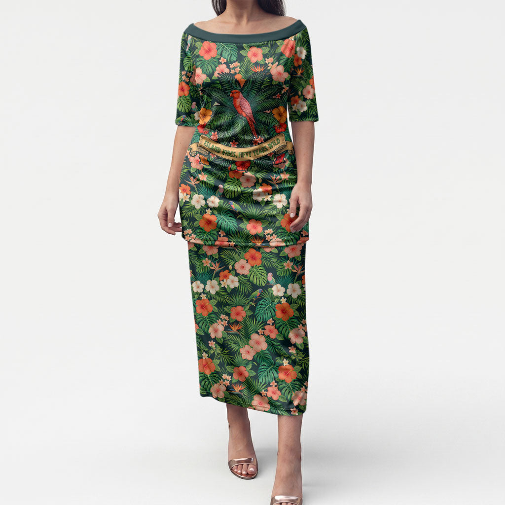 Hawaii 50th Birthday Puletasi Tropical Vintage Floral Hibiscus Parrot Island Sunset Art TS04 Long Dress Green Pink - Polynesian Pride