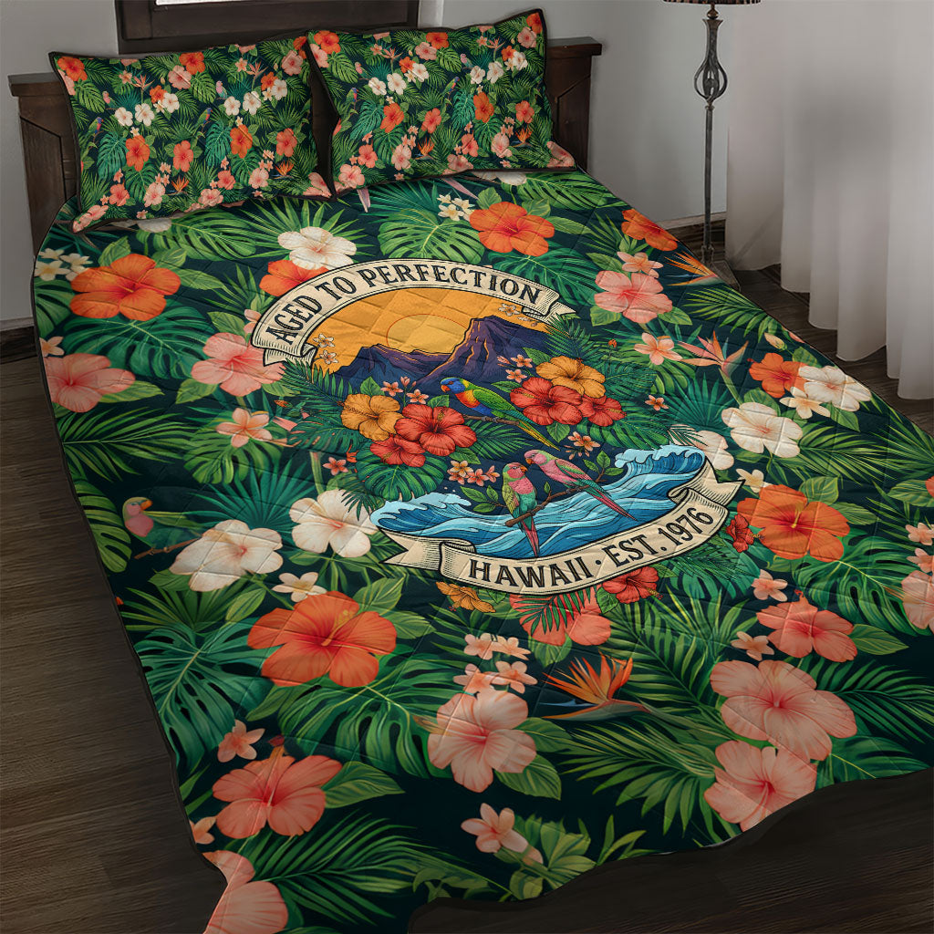Hawaii 50th Birthday Quilt Bed Set Tropical Vintage Floral Hibiscus Parrot Island Sunset Art TS04 Green Pink - Polynesian Pride