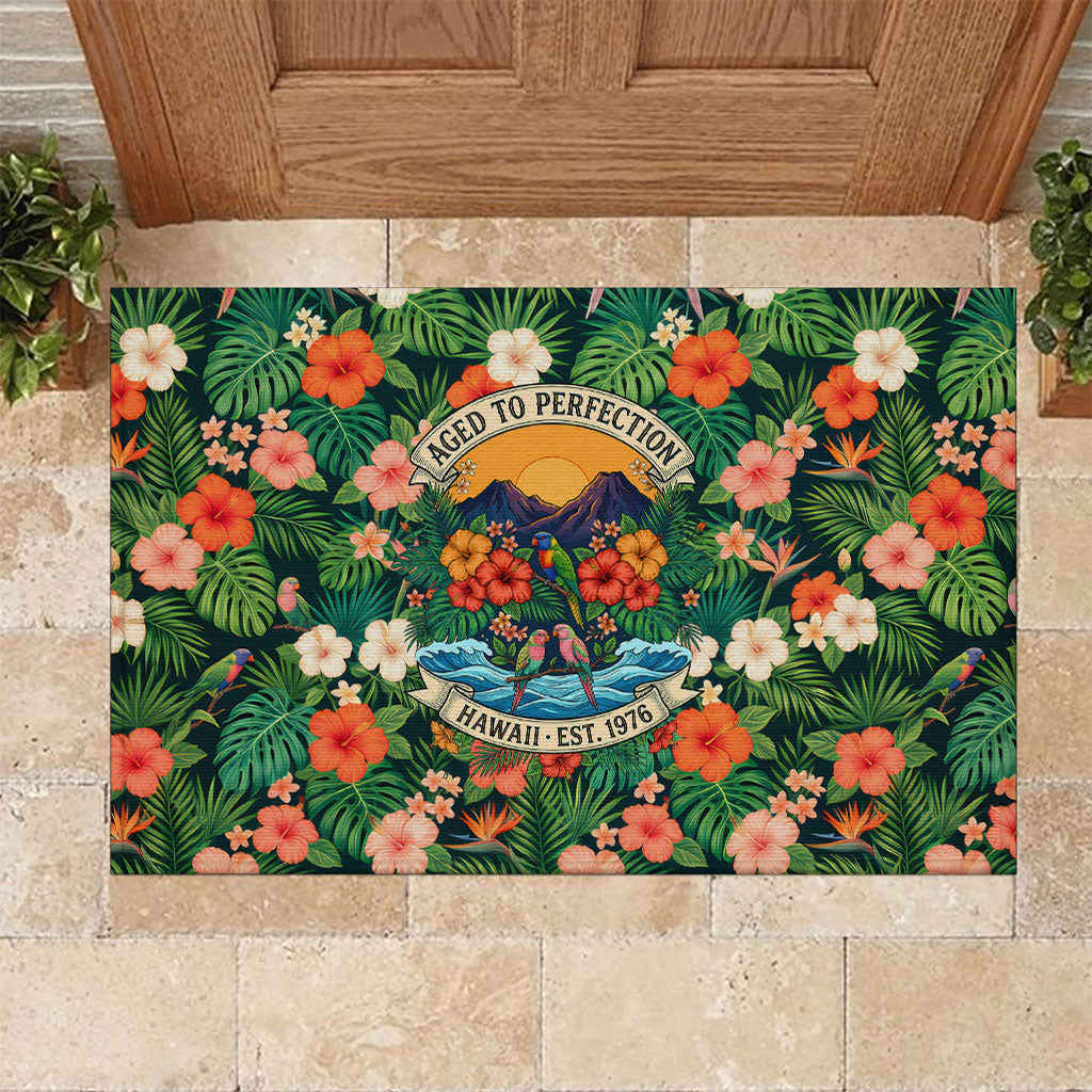 Hawaii 50th Birthday Rubber Doormat Tropical Vintage Floral Hibiscus Parrot Island Sunset Art TS04 Green Pink - Polynesian Pride