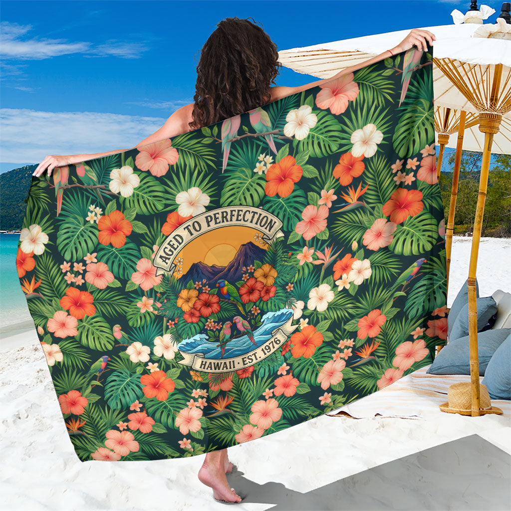 Hawaii 50th Birthday Sarong Tropical Vintage Floral Hibiscus Parrot Island Sunset Art TS04 One Size 44 x 66 inches Green Pink - Polynesian Pride