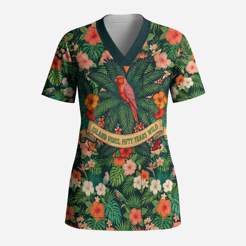 Hawaii 50th Birthday Scrub Top Tropical Vintage Floral Hibiscus Parrot Island Sunset Art TS04 Adult Green Pink - Polynesian Pride