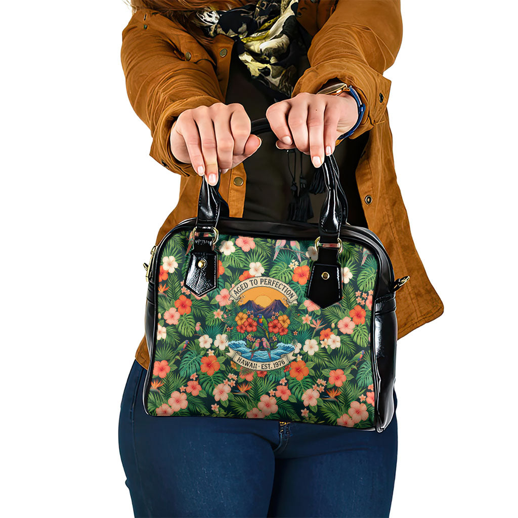 Hawaii 50th Birthday Shoulder Handbag Tropical Vintage Floral Hibiscus Parrot Island Sunset Art TS04 One Size Green Pink - Polynesian Pride