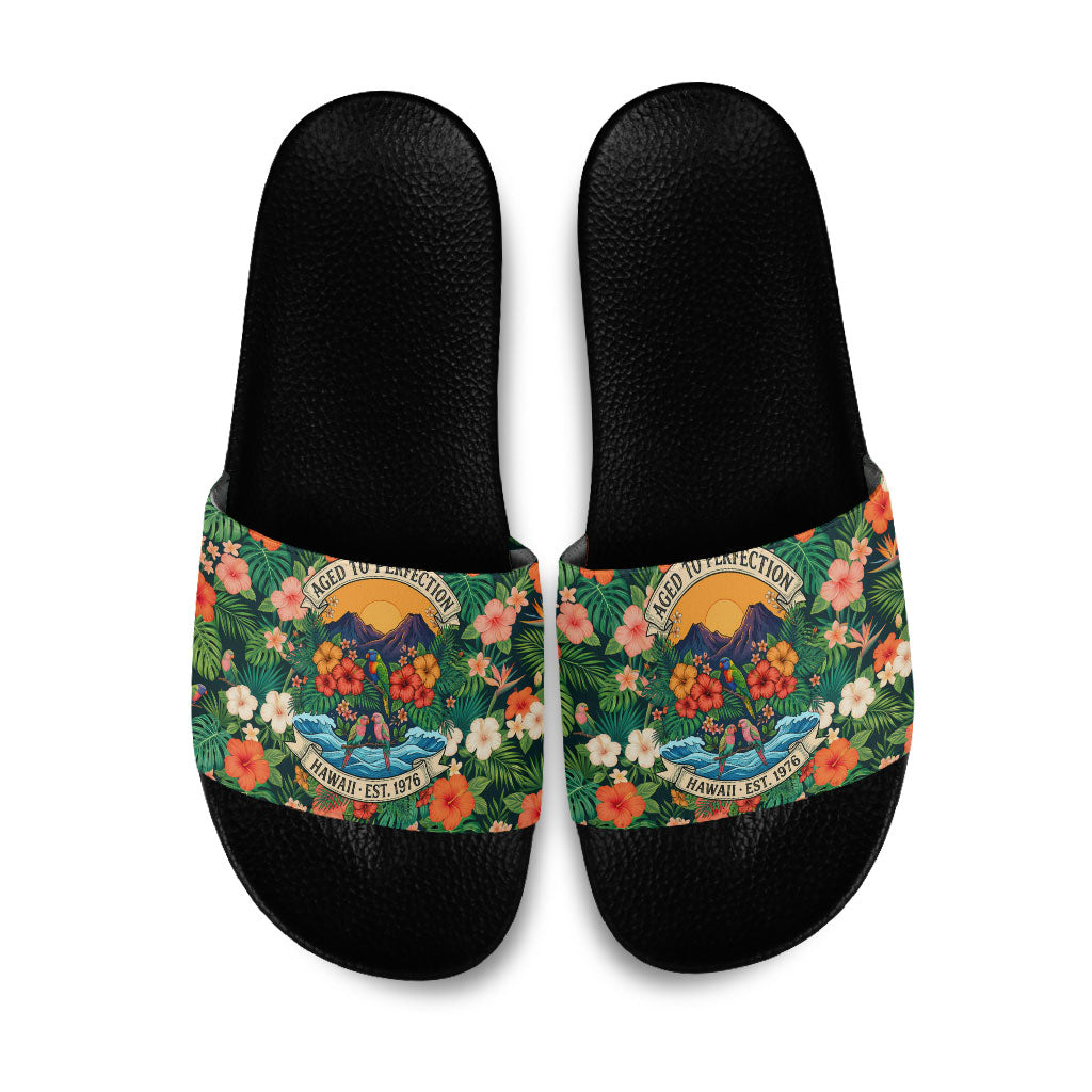 Hawaii 50th Birthday Slide Sandals Tropical Vintage Floral Hibiscus Parrot Island Sunset Art TS04 Green Pink - Polynesian Pride