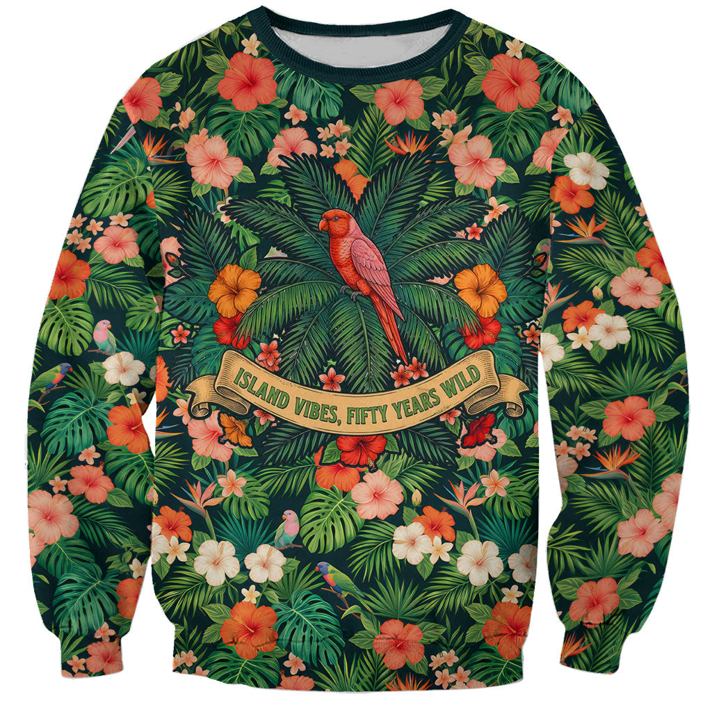 Hawaii 50th Birthday Sweatshirt Tropical Vintage Floral Hibiscus Parrot Island Sunset Art TS04 Unisex Green Pink - Polynesian Pride