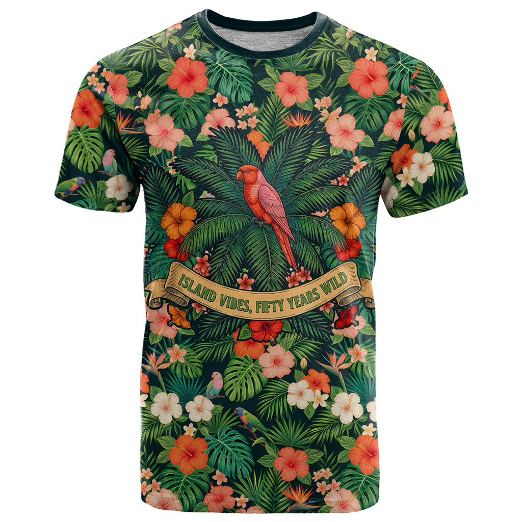 Hawaii 50th Birthday T Shirt Tropical Vintage Floral Hibiscus Parrot Island Sunset Art TS04 Green Pink - Polynesian Pride