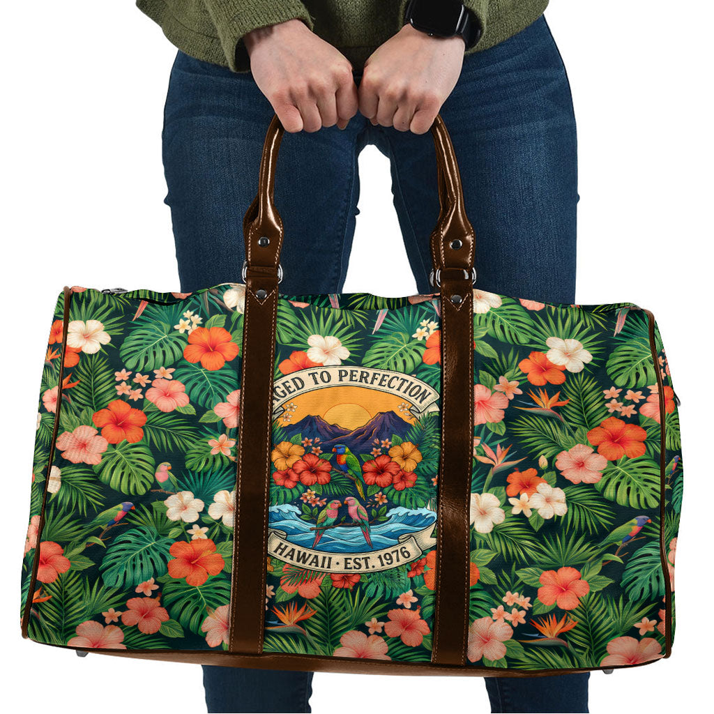 Hawaii 50th Birthday Travel Bag Tropical Vintage Floral Hibiscus Parrot Island Sunset Art TS04 Green Pink - Polynesian Pride