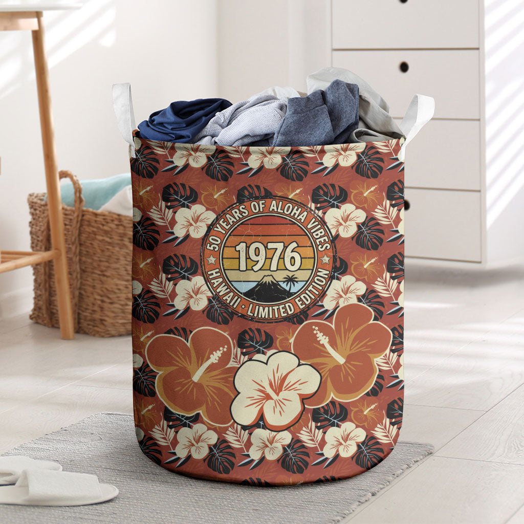 Hawaii 50th Birthday Laundry Basket Vintage 1976 Limited Edition Floral Surfboard Aloha Vibes TS04 Orange Brown - Polynesian Pride