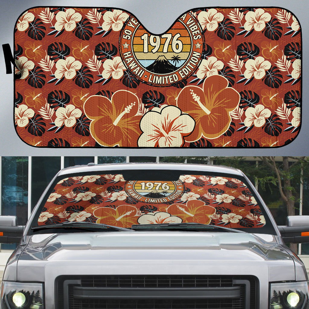 Hawaii 50th Birthday Auto Sun Shade Vintage 1976 Limited Edition Floral Surfboard Aloha Vibes TS04 Orange Brown - Polynesian Pride