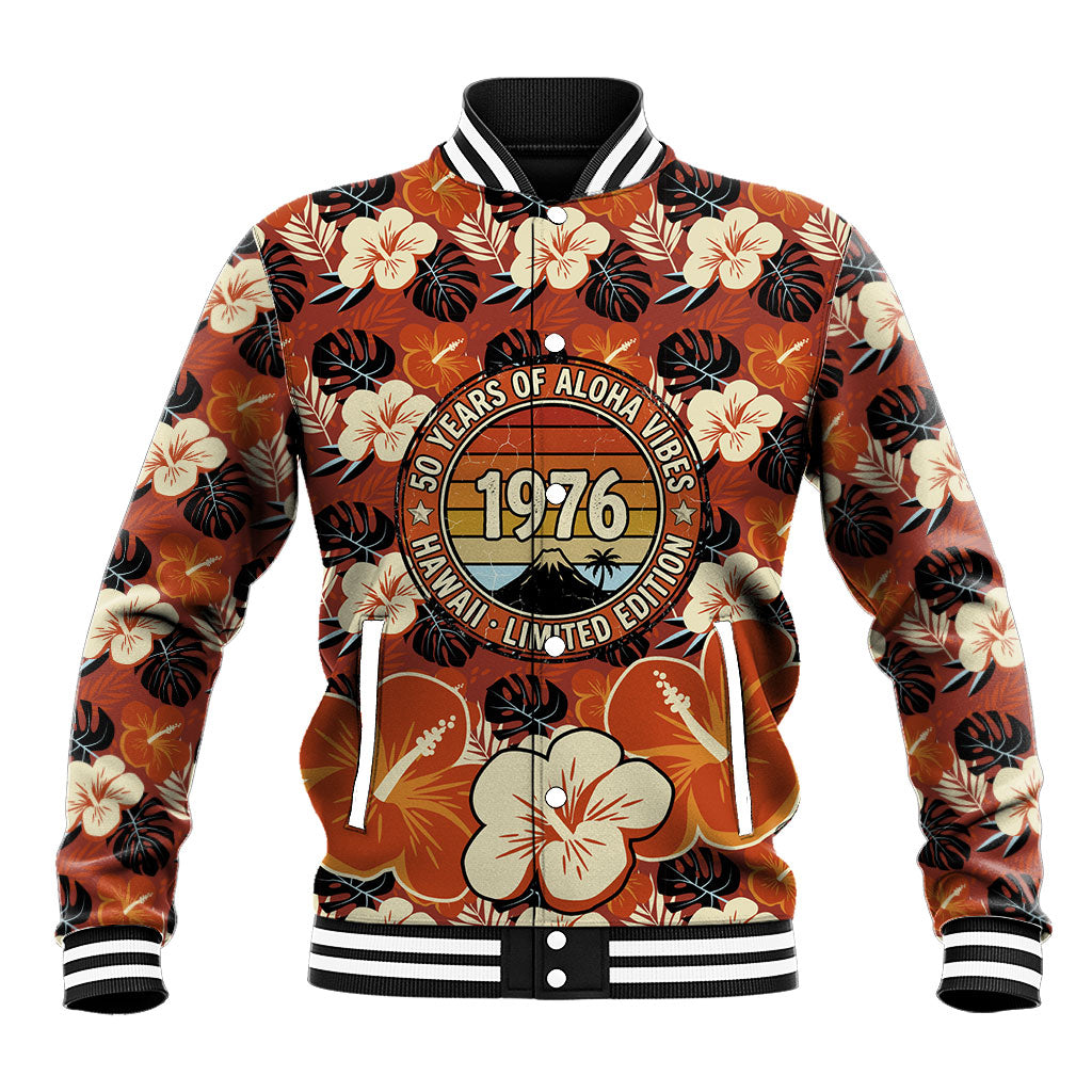 Hawaii 50th Birthday Baseball Jacket Vintage 1976 Limited Edition Floral Surfboard Aloha Vibes TS04 Unisex Orange Brown - Polynesian Pride