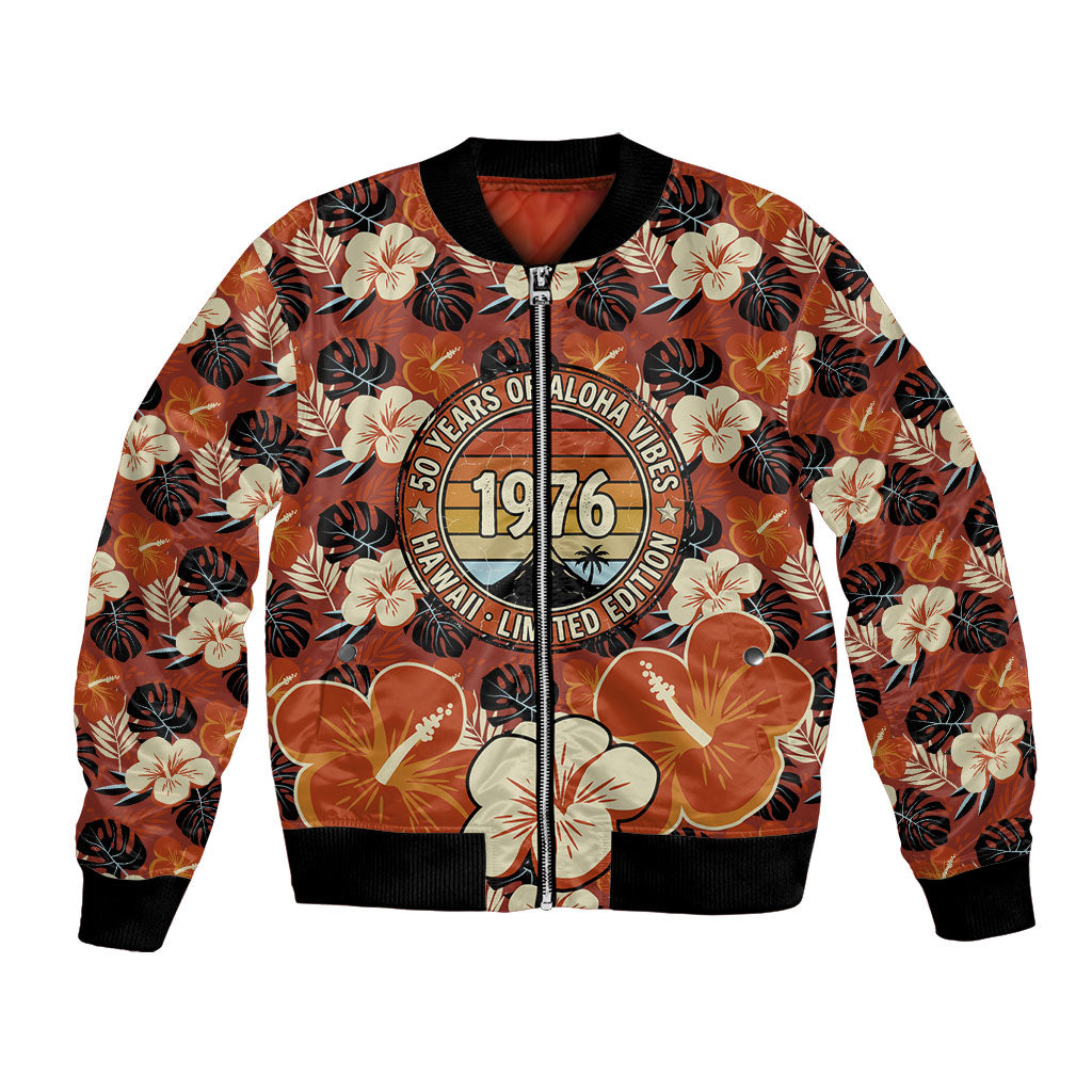 Hawaii 50th Birthday Bomber Jacket Vintage 1976 Limited Edition Floral Surfboard Aloha Vibes TS04 Unisex Orange Brown - Polynesian Pride