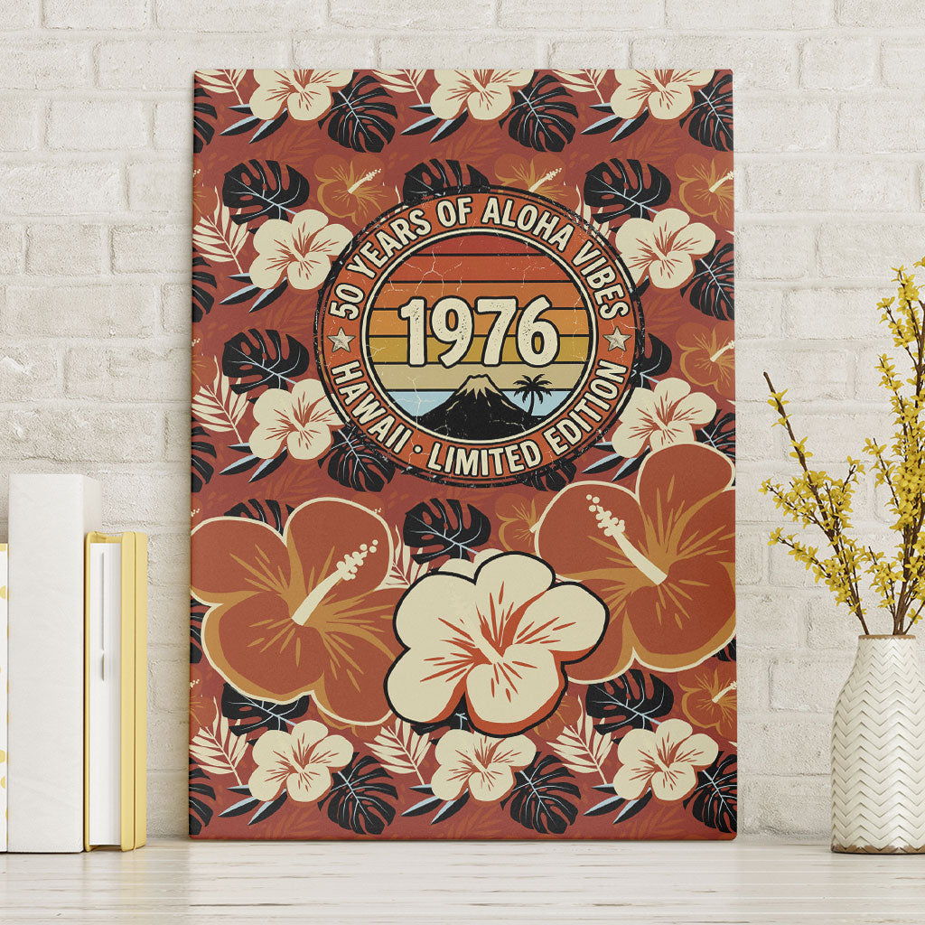 Hawaii 50th Birthday Canvas Wall Art Vintage 1976 Limited Edition Floral Surfboard Aloha Vibes TS04 Without Frame Orange Brown - Polynesian Pride