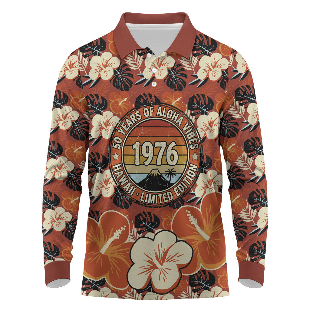 Hawaii 50th Birthday Long Sleeve Polo Shirt Vintage 1976 Limited Edition Floral Surfboard Aloha Vibes TS04 Orange Brown - Polynesian Pride