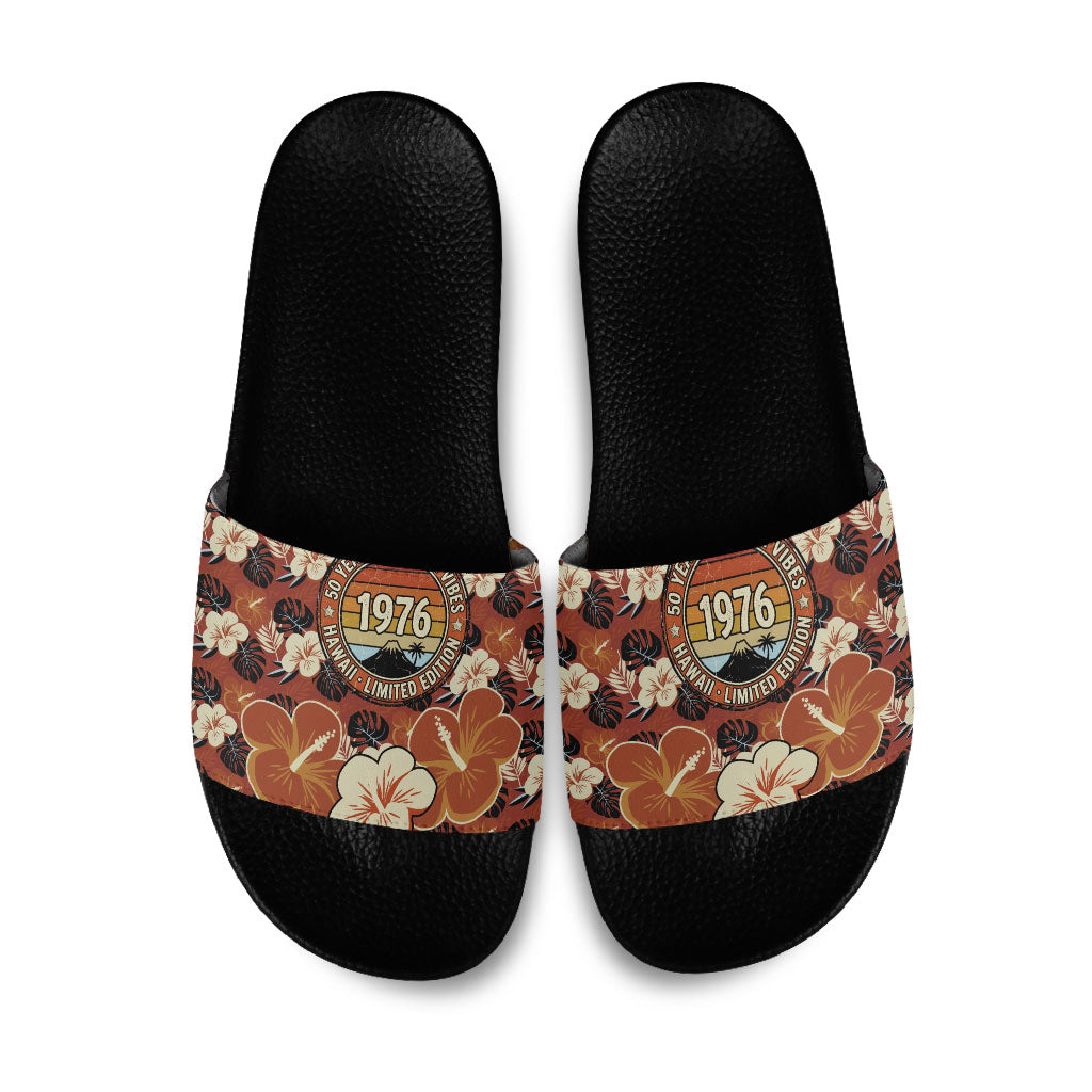 Hawaii 50th Birthday Slide Sandals Vintage 1976 Limited Edition Floral Surfboard Aloha Vibes TS04 Orange Brown - Polynesian Pride