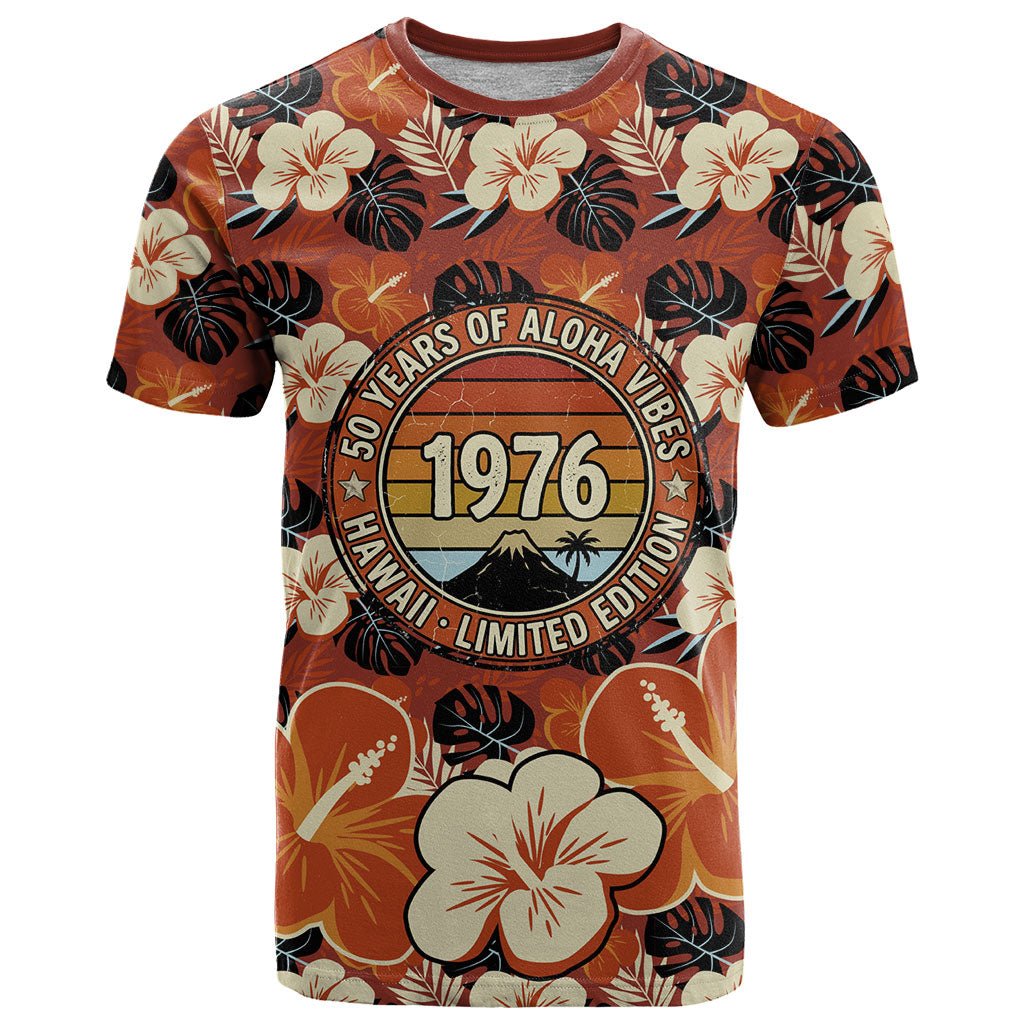 Hawaii 50th Birthday T Shirt Vintage 1976 Limited Edition Floral Surfboard Aloha Vibes TS04 Orange Brown - Polynesian Pride