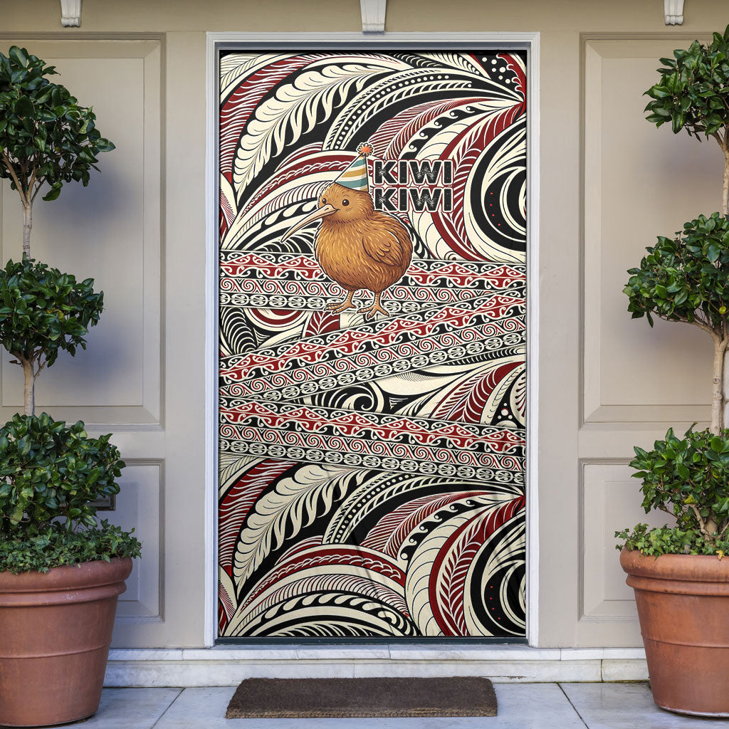 New Zealand 50th Birthday Kiwi Door Cover Vintage Est 1976 Kiwi Sunset Maori TS04 Red Beige - Polynesian Pride