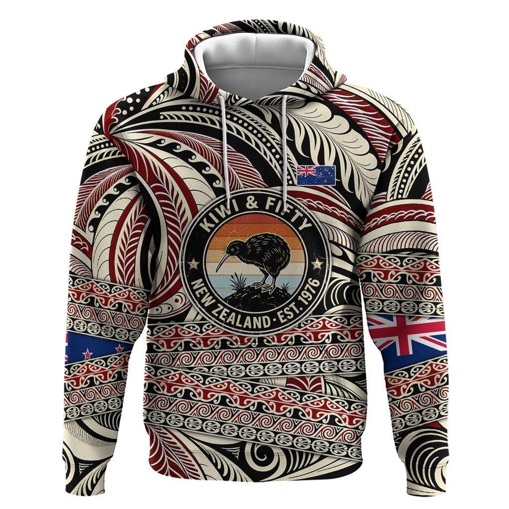 New Zealand 50th Birthday Kiwi Hoodie Vintage Est 1976 Kiwi Sunset Maori TS04 Pullover Hoodie Red Beige - Polynesian Pride