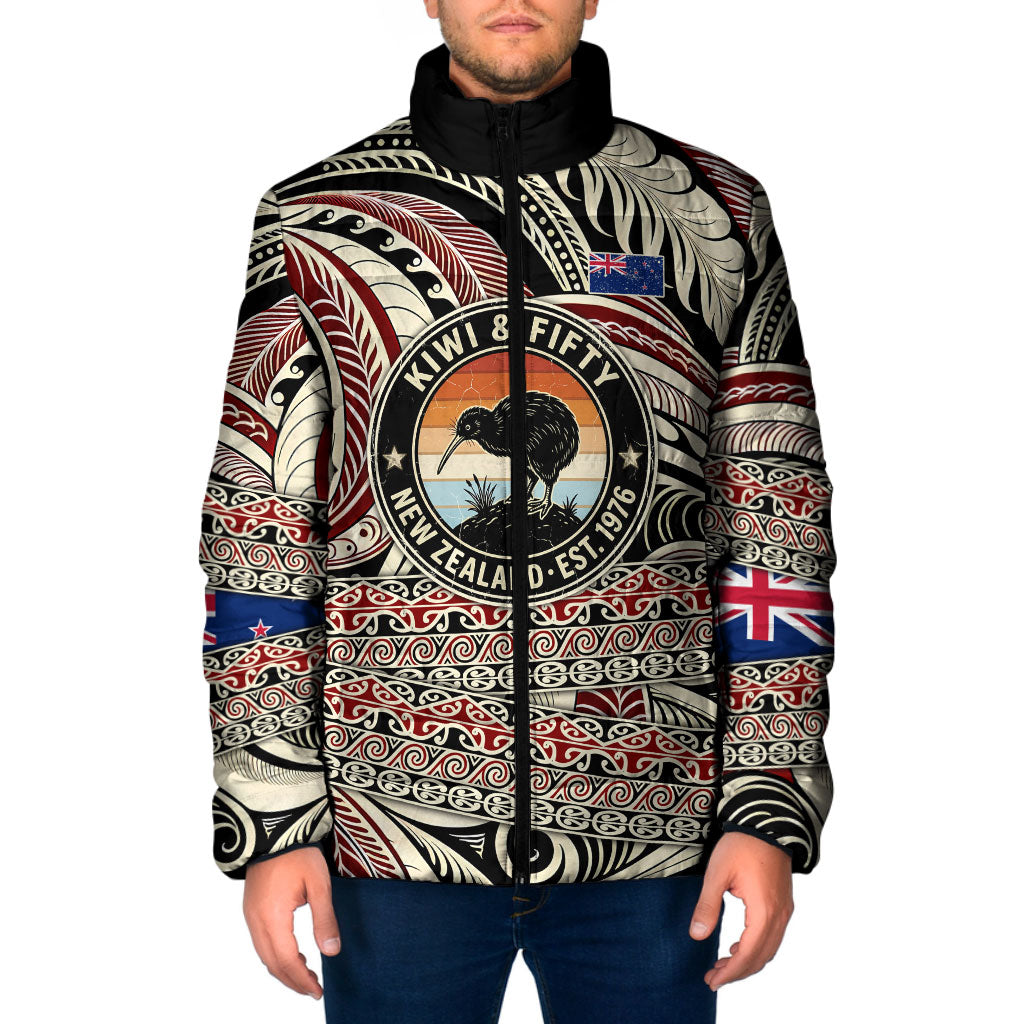 New Zealand 50th Birthday Kiwi Padded Jacket Vintage Est 1976 Kiwi Sunset Maori TS04 Men Red Beige - Polynesian Pride