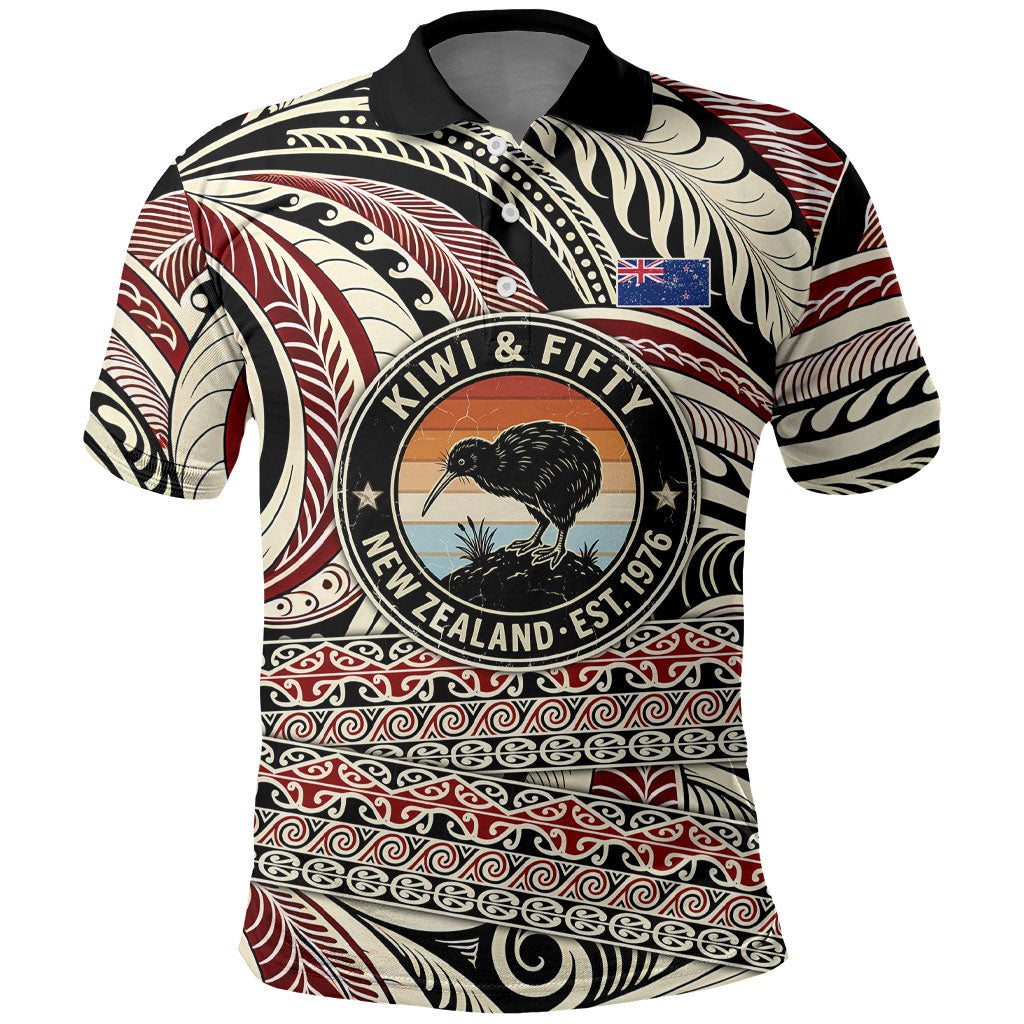 New Zealand 50th Birthday Kiwi Polo Shirt Vintage Est 1976 Kiwi Sunset Maori TS04 Red Beige - Polynesian Pride