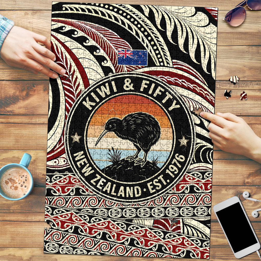 New Zealand 50th Birthday Kiwi Puzzle Vintage Est 1976 Kiwi Sunset Maori TS04 Red Beige - Polynesian Pride