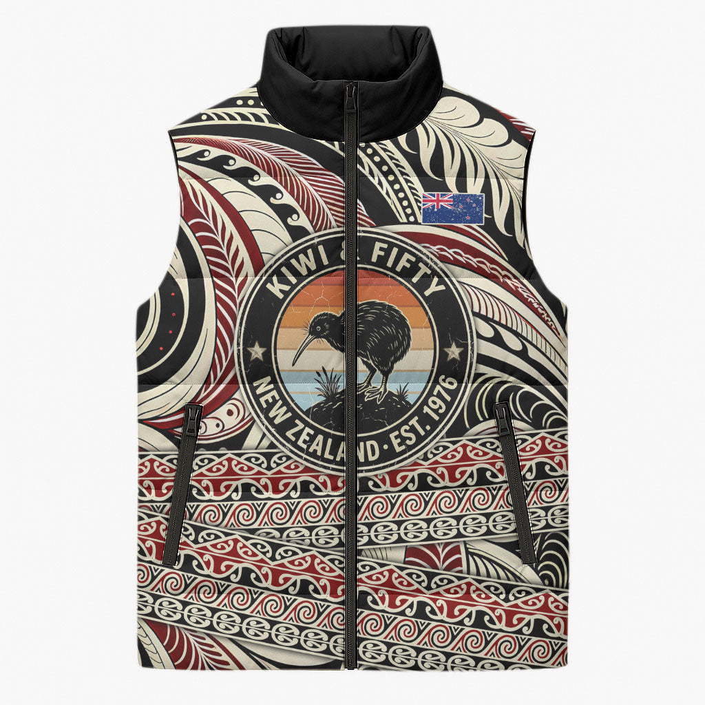 New Zealand 50th Birthday Kiwi Sleeveless Puffer Jacket Vintage Est 1976 Kiwi Sunset Maori TS04 Unisex Red Beige - Polynesian Pride