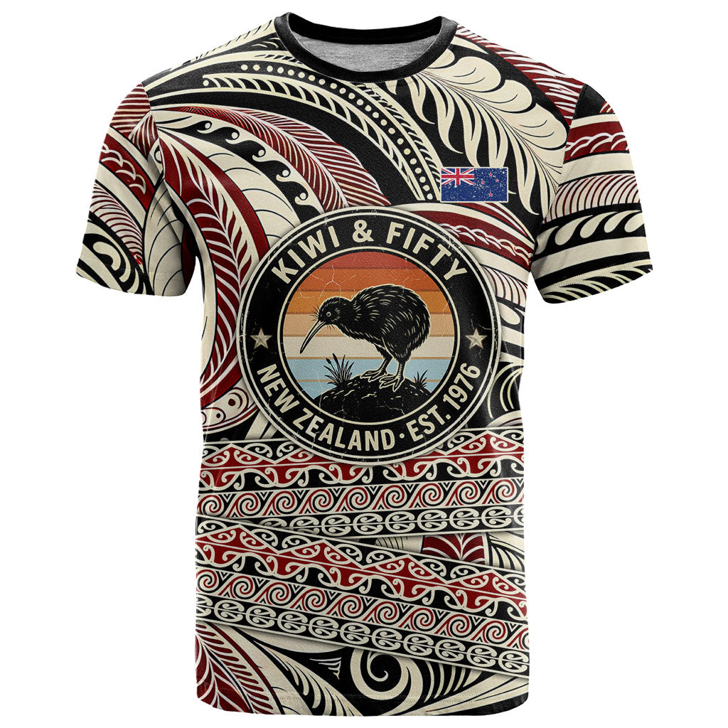New Zealand 50th Birthday Kiwi T Shirt Vintage Est 1976 Kiwi Sunset Maori TS04 Red Beige - Polynesian Pride