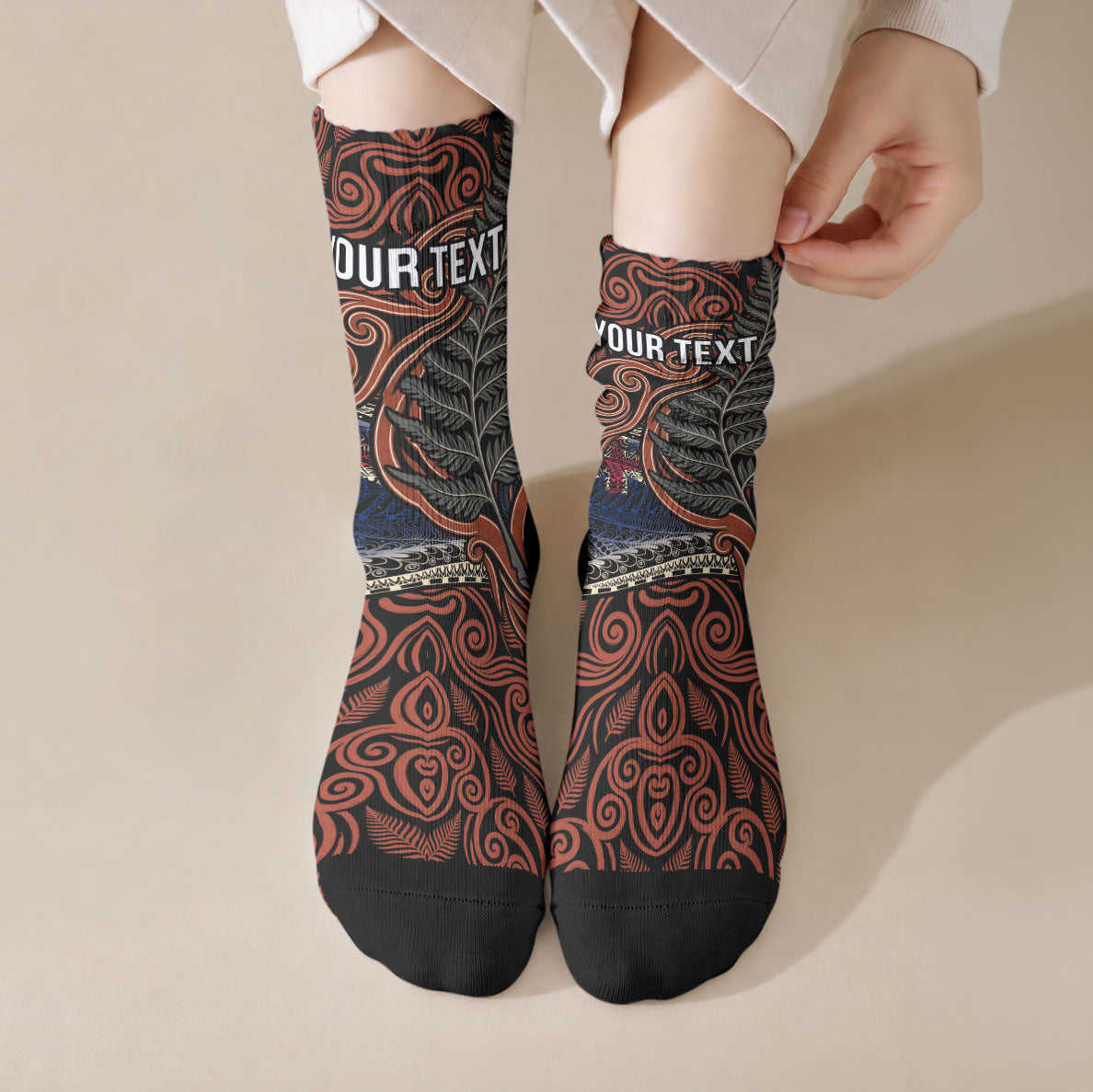 Personalised New Zealand 50th Birthday Crew Socks Aotearoa Tribal Pattern Silver Fern Flag TS04 Crew Socks Red Black - Polynesian Pride
